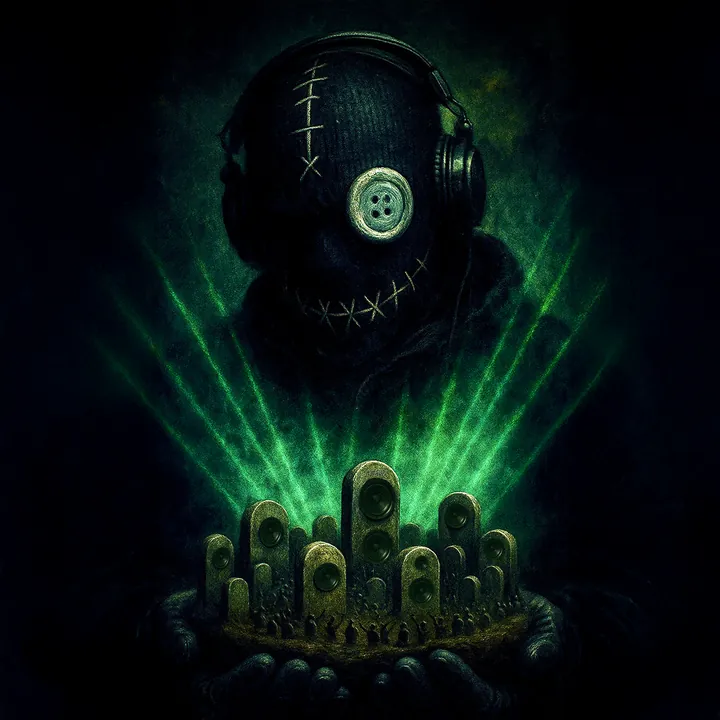gRaveyard cover: a masked DJ with a button eye above glowing green graves